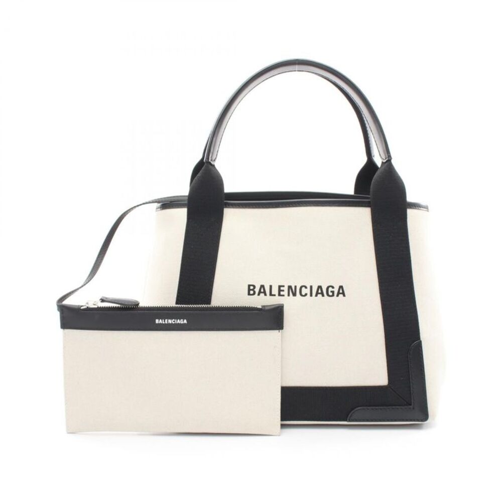 Balenciaga Navy Cabas Leather Canvas Tote Bag